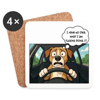 Cartoon dog at the wheel, novice driver - Coasters (set of 4) - white - Front