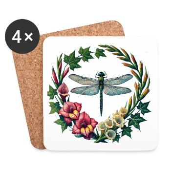 Dragonfly Floral Wreath Frame - Coasters (set of 4) - white - Front