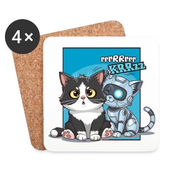 Chat et robot, humour, cartoon, bd - Dessous de verre (lot de 4) - blanc - Devant