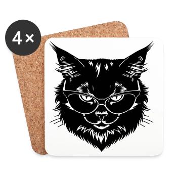 Schwarze Katze mit Brille - Untersetzer (4er-Set) - Weiß - Vorne