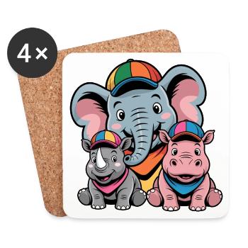 Cute Elephant, Rhino & Hippo Cartoon - Coasters (set of 4) - white - Front