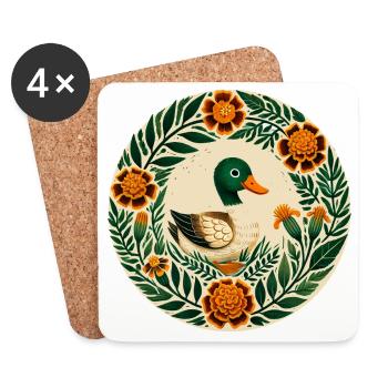 Ente im Blumenkranz Volkskunst - Untersetzer (4er-Set) - Weiß - Vorne