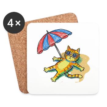 Chat de plage coloré avec parasol - Dessous de verre (lot de 4) - blanc - Devant