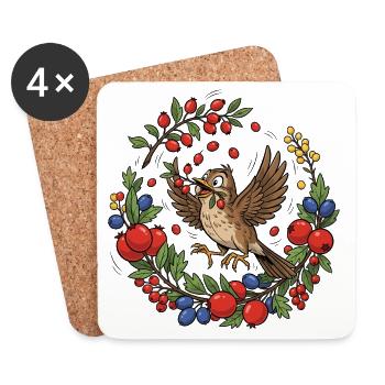 Oiseau joyeux dans une couronne de baies - Dessous de verre (lot de 4) - blanc - Devant