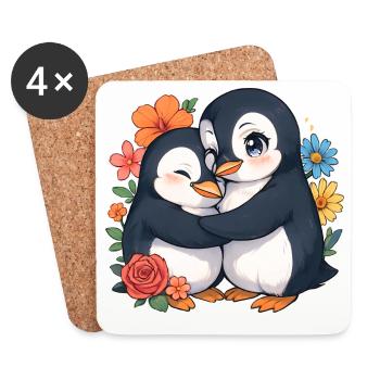 Kuschelpinguine im Blütenkreis - Untersetzer (4er-Set) - Weiß - Vorne