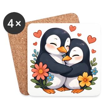 Kuschelpinguin Umarmung mit Blumen - Untersetzer (4er-Set) - Weiß - Vorne