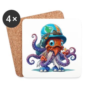 Oktopus Entdecker mit Weltkartenhelm - Untersetzer (4er-Set) - Weiß - Vorne