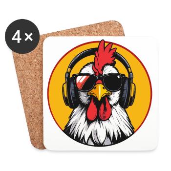 Pop Art Rooster with Headphones Sunglasses Fun Chicken - Coasters (set of 4) - white - Front