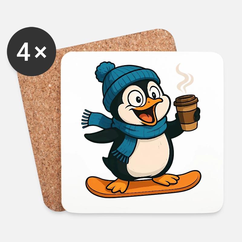 Schneepinguin mit Kaffee und Schal - Untersetzer (4er-Set) - Weiß