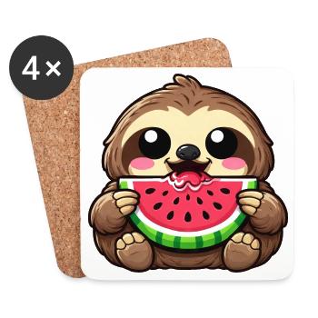 Dessin animé mignon de paresseux Kawaii Été de pastèque - Dessous de verre (lot de 4) - blanc - Devant