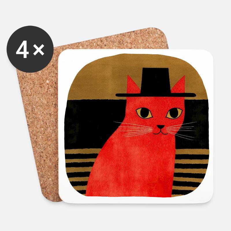 Rote Katze mit Hut Retro Art - Untersetzer (4er-Set) - Weiß