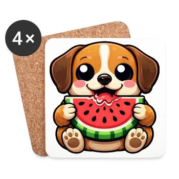 Dessin animé de petit beagle mignon Chibi Kawaii Melon - Dessous de verre (lot de 4) - blanc - Devant