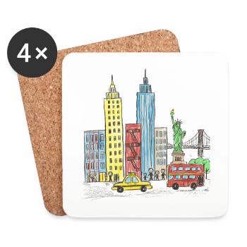 New York City Skyline Liberty Cartoon-Kunst - Untersetzer (4er-Set) - Weiß - Vorne