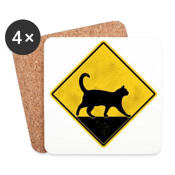 Katzen-Gelbes Straßenschild - Untersetzer (4er-Set) - Weiß - Vorne