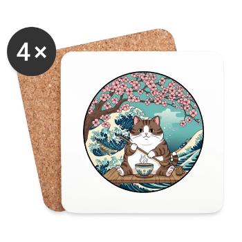Heure du café du chat chanceux - Dessous de verre (lot de 4) - blanc - Devant