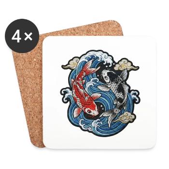 Koi in Wellen: Sereni-Stickerei - Untersetzer (4er-Set) - Weiß - Vorne
