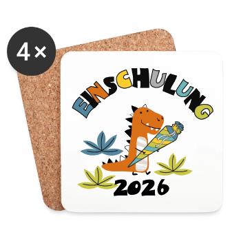 Einschulung 2026 - Dino mit Schultüte - Untersetzer (4er-Set) - Weiß - Vorne