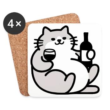 Chat avec illustration de vin - Dessous de verre (lot de 4) - blanc - Devant