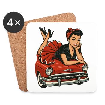 Pin-Up Woman on Vintage Car: Rockabilly Retro Look - Coasters (set of 4) - white - Front