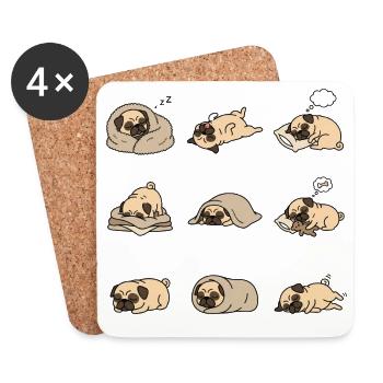Schlafender Mops Neun Süße Pug Schlafposen - Untersetzer (4er-Set) - Weiß - Vorne