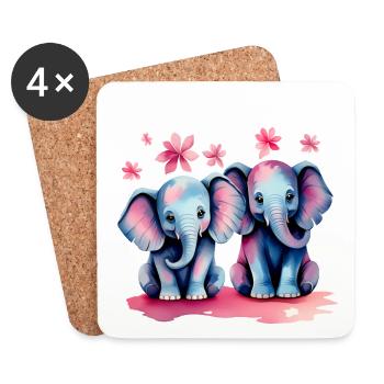 Pastel Elephants with Flowers - Coasters (set of 4) - white - Front