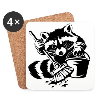 Waschbär mit Eimer & Mopp - Untersetzer (4er-Set) - Weiß - Vorne