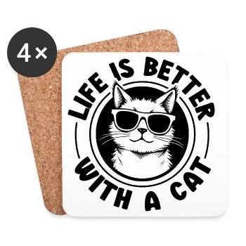 Life is better with a cat - Cat with sunglasses - Coasters (set of 4) - white - Front