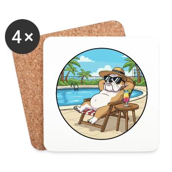 Summer Bulldog Dog Relaxing By Pool Art - Coasters (set of 4) - white - Front