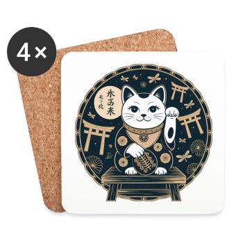 Lucky Cat Ukiyoe Gold on Navy - Coasters (set of 4) - white - Front