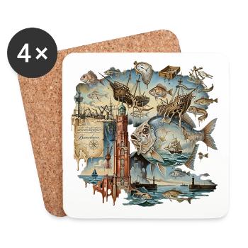 North German Art, Seafaring, Sailors, Fishing - Coasters (set of 4) - white - Front