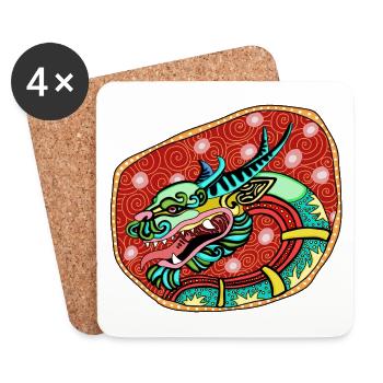 Dragon coloré sur badge rouge - Dessous de verre (lot de 4) - blanc - Devant