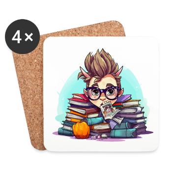 Büchernerd im Bücherstapel - Untersetzer (4er-Set) - Weiß - Vorne