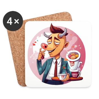Taureau de bureau avec café et gâteau - Dessous de verre (lot de 4) - blanc - Devant