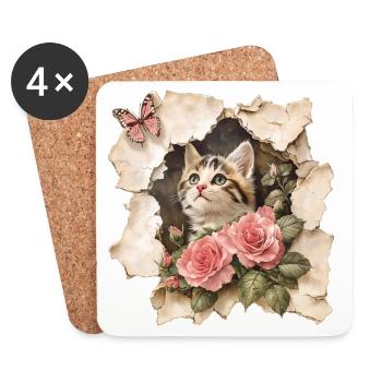 Chat au papillon - Dessous de verre (lot de 4) - blanc - Devant