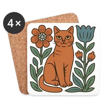 Katzen-Folk mit Blumenrahmen - Untersetzer (4er-Set) - Weiß - Vorne