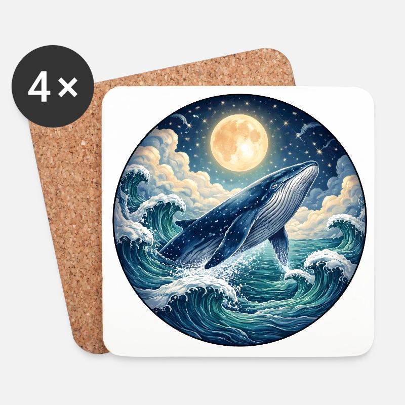 Blauwal unter Vollmond Illustration - Untersetzer (4er-Set) - Weiß
