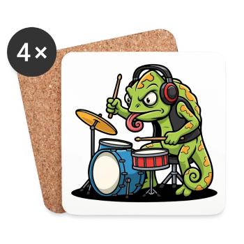 Chamäleon-Schlagzeuger Rockmusik-Maskottchen-Zeichentrick - Untersetzer (4er-Set) - Weiß - Vorne