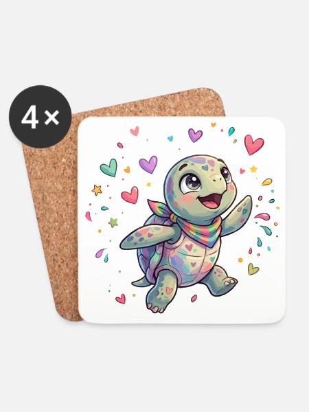 Regenbogen Turtle mit Herzmustern - Untersetzer (4er-Set) - Weiß