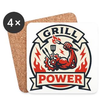 Pouvoir du grill bras musclé flammes barbecue - Dessous de verre (lot de 4) - blanc - Devant