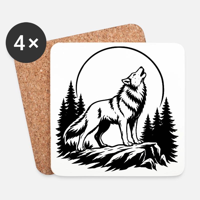 Wolf mit Vollmond - Untersetzer (4er-Set) - Weiß