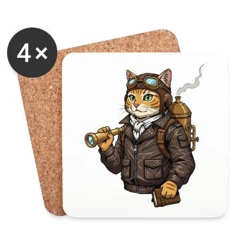 Chat Aviateur Steampunk Explorateur Curiosité - Dessous de verre (lot de 4) - blanc - Devant