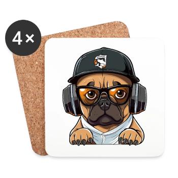 DJ chien avec casque - Dessous de verre (lot de 4) - blanc - Devant