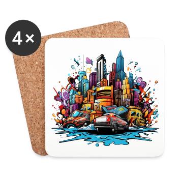 Colorful city silhouette with cars - Coasters (set of 4) - white - Front