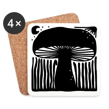 Mystische Himmlische Pilz-Linolschnitt-Illustration - Untersetzer (4er-Set) - Weiß - Vorne