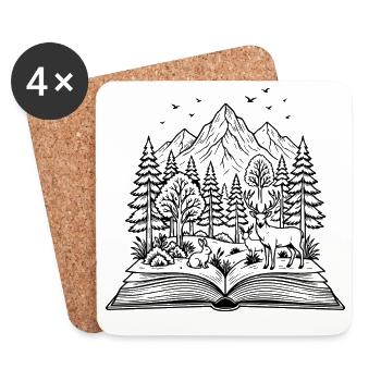Livre ouvert avec design de forêt, cerf et lapin - Dessous de verre (lot de 4) - blanc - Devant