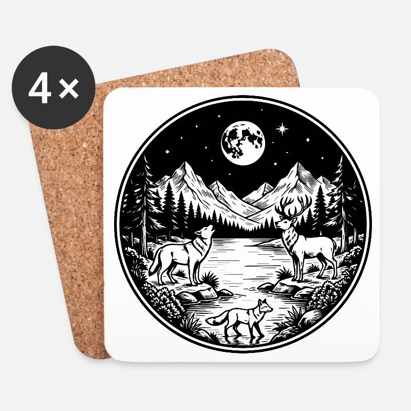 Wolf, Hirsch und Fuchs am Bergfluss im Vollmond. - Untersetzer (4er-Set) - Weiß