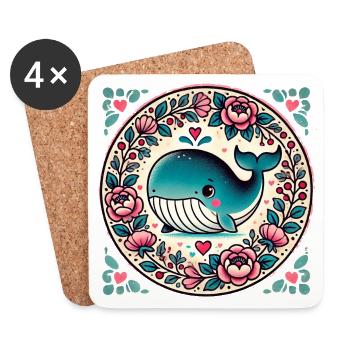Whale in Floral Circle - Coasters (set of 4) - white - Front