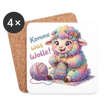 Komme was Wolle - Strickendes Schaf Wollknäuel  - Untersetzer (4er-Set) - Weiß - Vorne