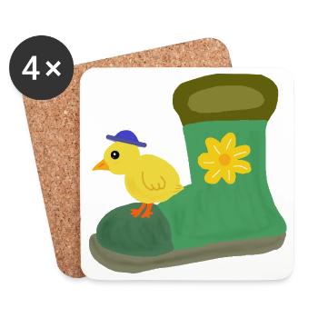 Chick on Green Boot with Flower - Coasters (set of 4) - white - Front