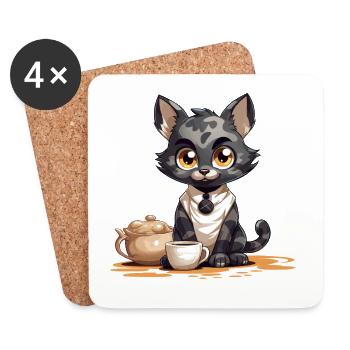 Kaffeezeit Katze mit Teekanne - Untersetzer (4er-Set) - Weiß - Vorne